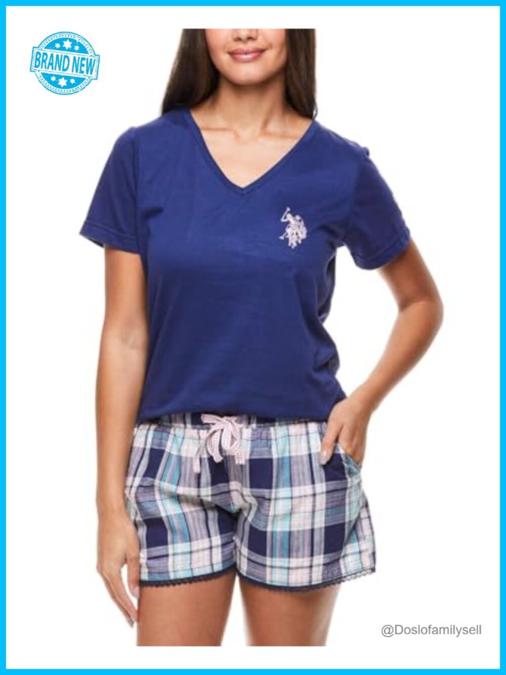 Women's Pajama Set Short Sleeve V-Neck Tee Plaid Sleep Shorts Lounge